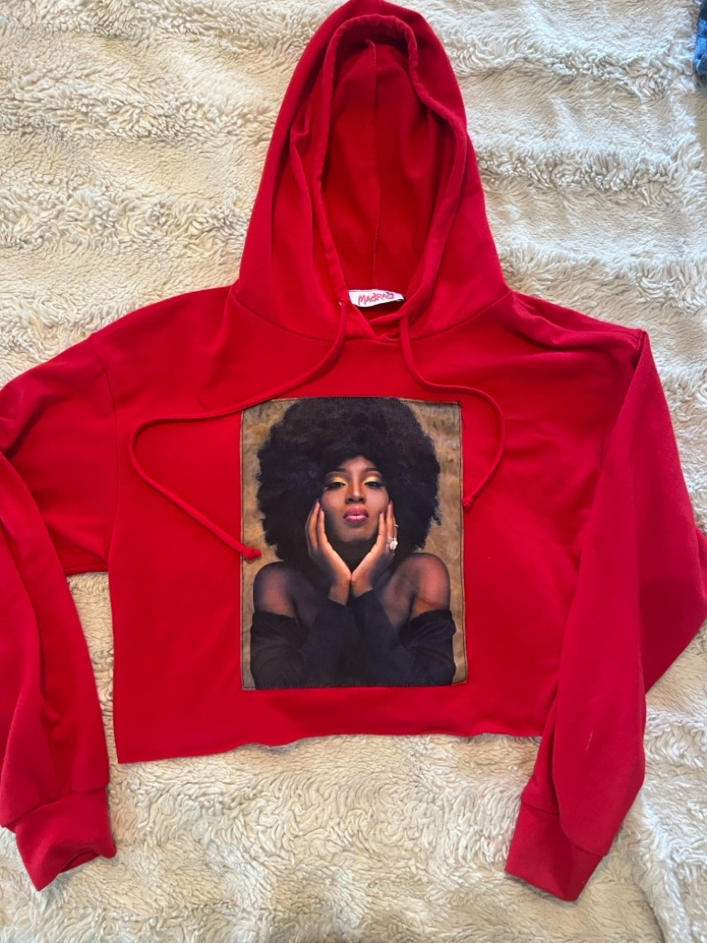 Adams Red Cropped Hoodie with Black Afro Portrait Patch